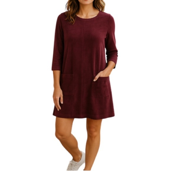 PURE JILL Velvet Tunic Dress Top Burgundy Soft Pockets Long Sleeve Pullover XS - Picture 1 of 12